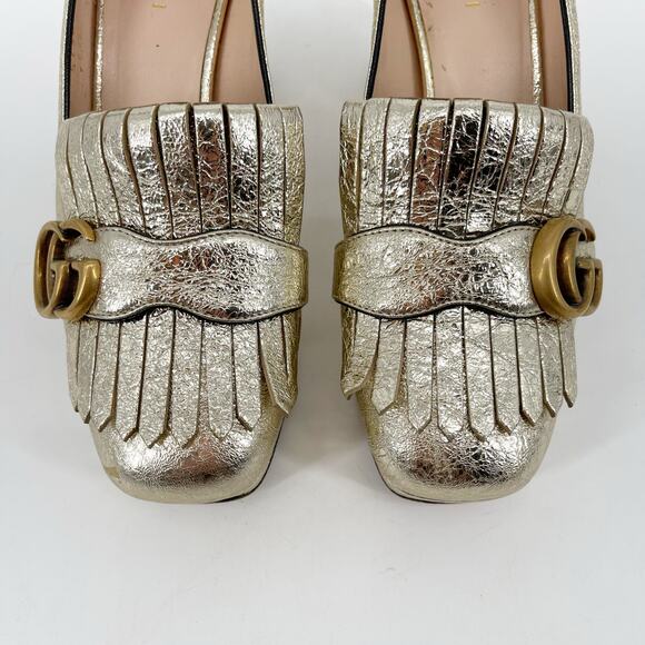 Gucci Gold Metallic Crackled Leather GG Marmont Fringe Platform Heels EU 36 - Picture 8 of 16